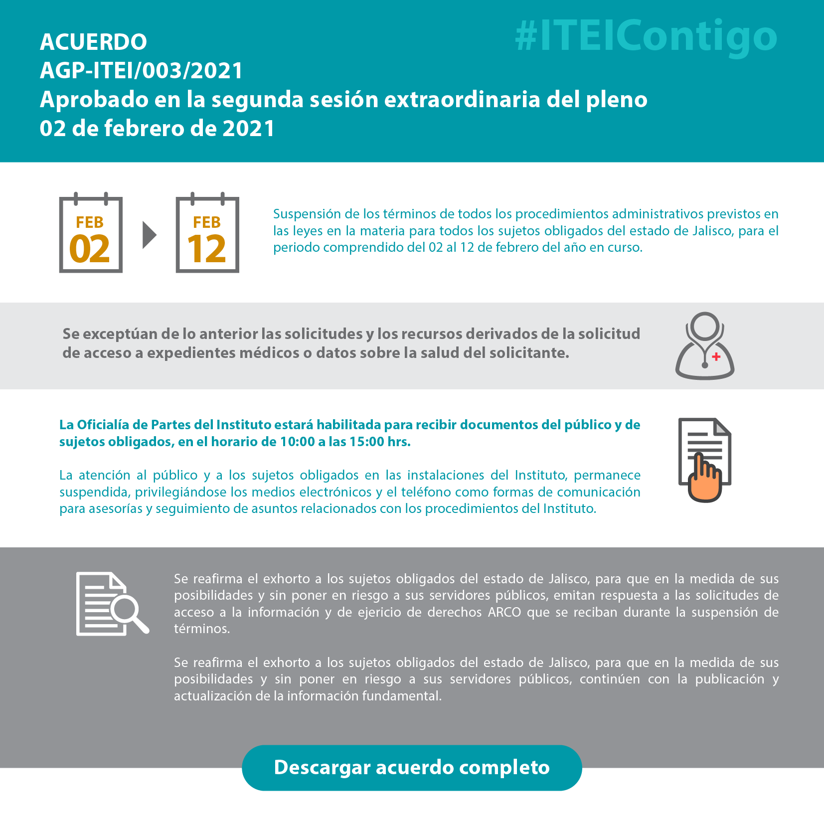 Acuerdo General del Pleno del Instituto de Transparencia, Información Pública y Protección de Datos Personales del Estado de Jalisco, mediante el cual se determina ampliar la suspensión de los términos de los procedimientos administrativos previstos en las Leyes de Transparencia, Acceso a la Información y Protección de Datos Personales (con la excepción señalada en el Acuerdo General del Pleno: AGP-ITEI/001/2021), para todos los Sujetos Obligados del Estado de Jalisco, del 02 dos al 12 doce de febrero del 2021 dos mil veintiuno; manteniéndose preferentemente el esquema de trabajo desde casa y trabajos de oficina con guardias, para los Servidores Públicos del ITEI. Lo anterior como medidas para prevenir y contener la pandemia del 'COVID-19'