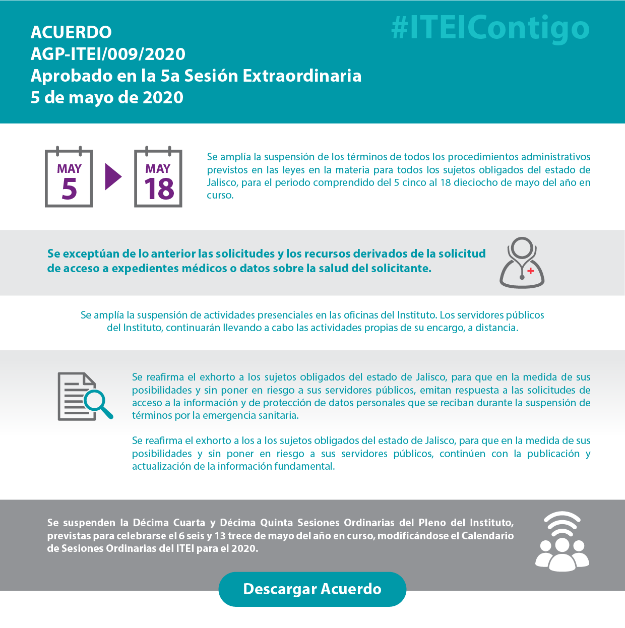 Acuerdo general del pleno del instituto de transparencia, información pública y protección de datos personales del estado de jalisco, mediante el cual se determina ampliar la suspensión de términos de los procedimientos administrativos previstos en las leyes de transparencia, acceso a la información y protección de datos personales (con la excepción establecida en el acuerdo general del pleno AGP-ITEI/005/2020), para todos los sujetos obligados del estado de jalisco, del 5 cinco al 18 dieciocho de mayo del 2020 dos mil veinte; permaneciendo la suspensión de actividades presenciales en las oficinas del instituto. COVID-19