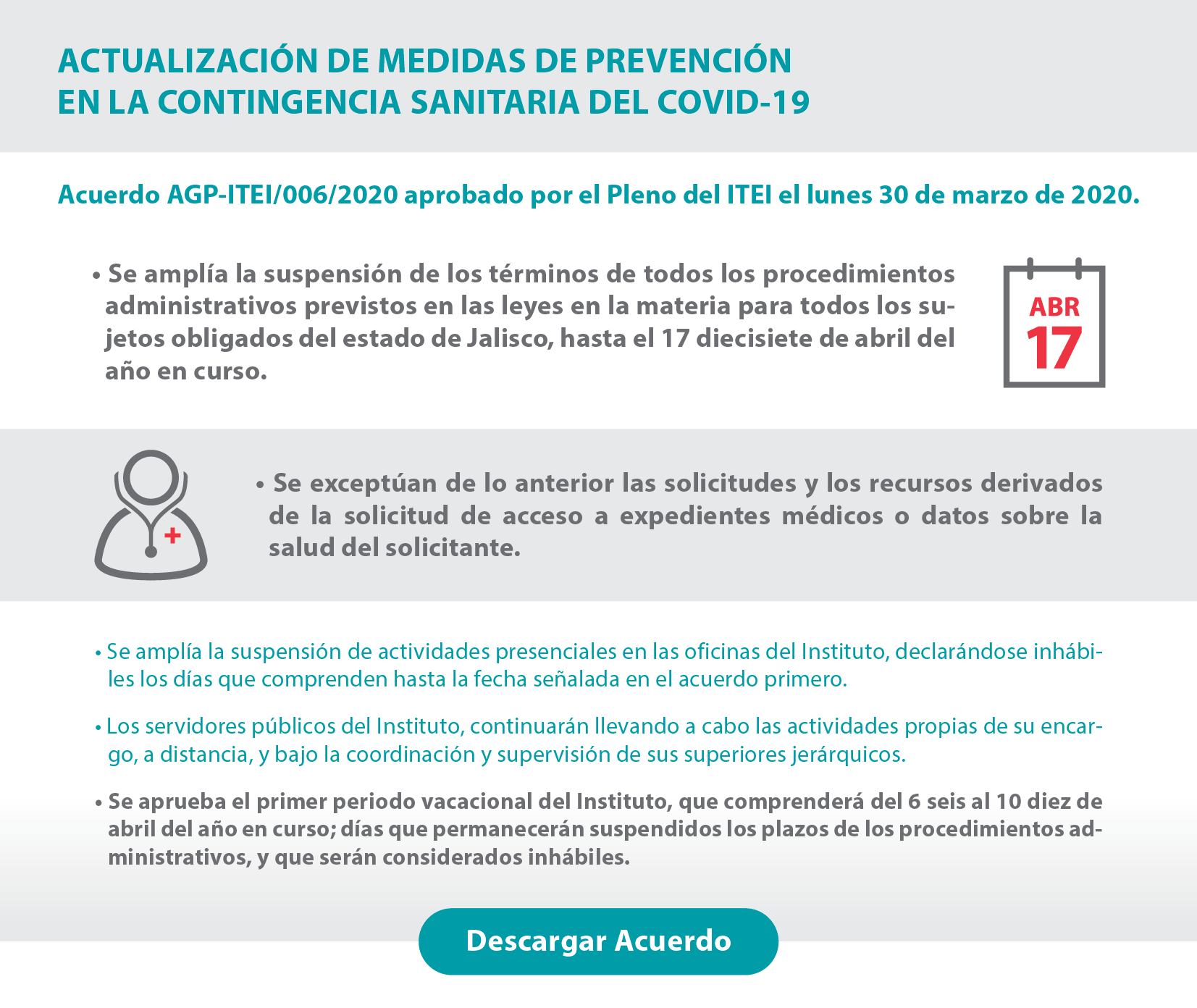 Acuerdo AGP-ITEI/006/2020 aprobado por el Pleno del ITEI el lunes 30 de marzo de 2020